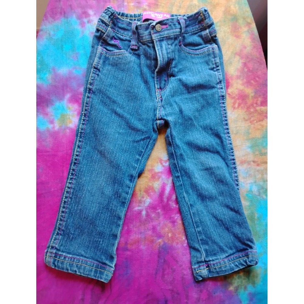2T Vintage Rocawear Y2K Toddler Girl's Denim Blue Jeans Pink & Yellow Stitching